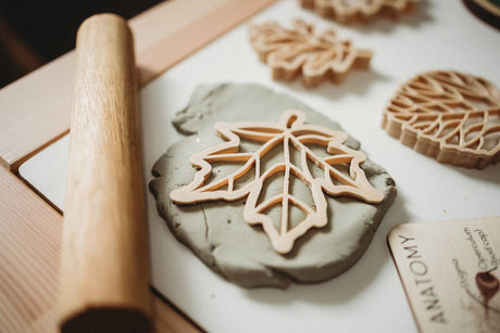 Ceramic leaf-shaped molds on a piece of clay with a book titled 'Anatomy' in the background.