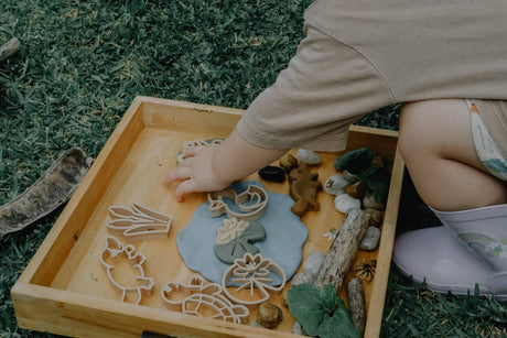 Child playing with nature-themed wooden toys outdoors