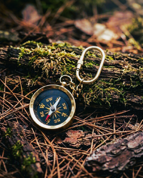 Mini Brass Compass Keychain on forest floor