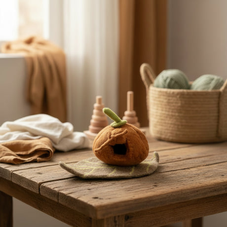 Felt pumkin toy on rustic table 