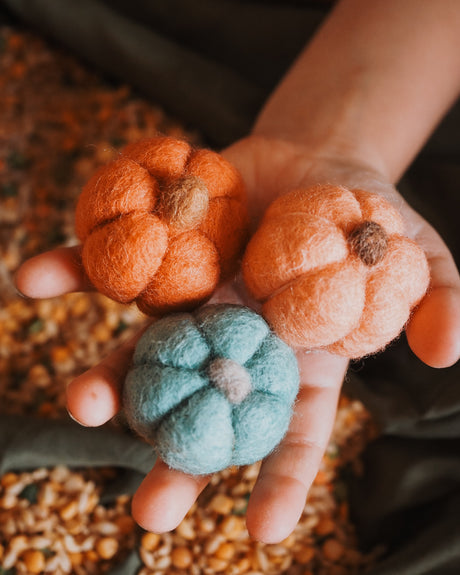 Three small felted wool pumpkins in orange, peach, and light blue are held in a person's hand over a background of loose dried corn kernels.