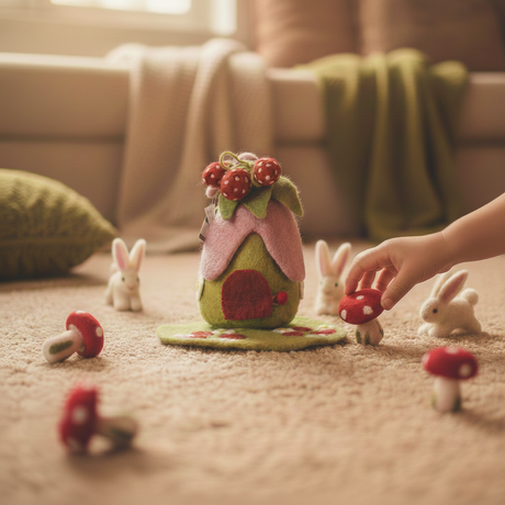 Children's play area with a felt fairy house, mushrooms, and small rabbits on a carpeted floor.