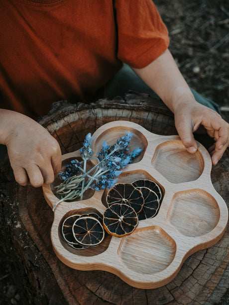 A wooden petal-shaped tray with six compartments, styled on a tree stump with dried orange slices and blue flowers, held by a person wearing an orange shirt.