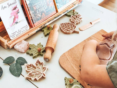 Children's play area with cookie cutters, a rolling pin, and books on a wooden surface.