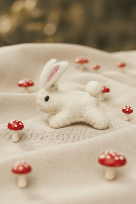 Small white rabbit toy with pink inner ears on a green background with red and white mushrooms