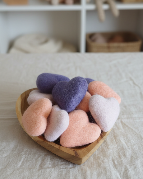 A heart-shaped wooden bowl filled with small felted wool hearts in pastel shades of purple, pink, peach, and white, set on a light wood tabletop.
