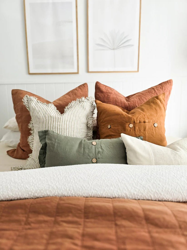 French Linen Frayed Edge Ruffle Cushion Cover - Olive Pinstripes - Wattle&Clay