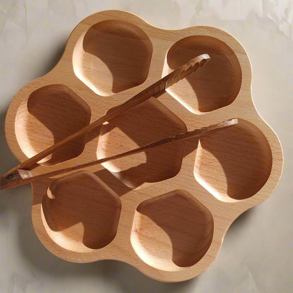 wooden beechwood flower tray and tongs