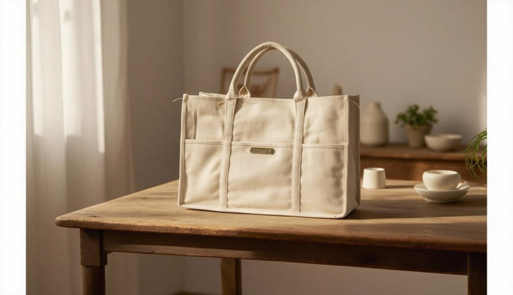 Beige tote bag on a wooden table with a neutral background