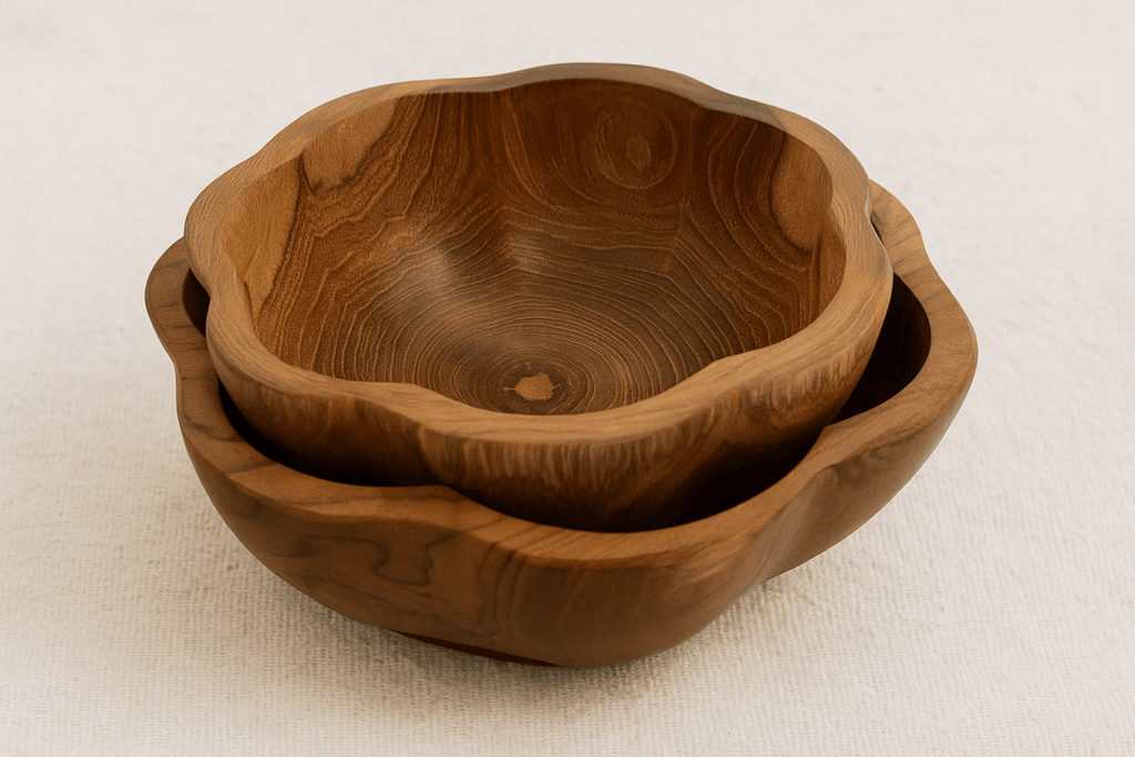 Two wooden bowls stacked on a light background