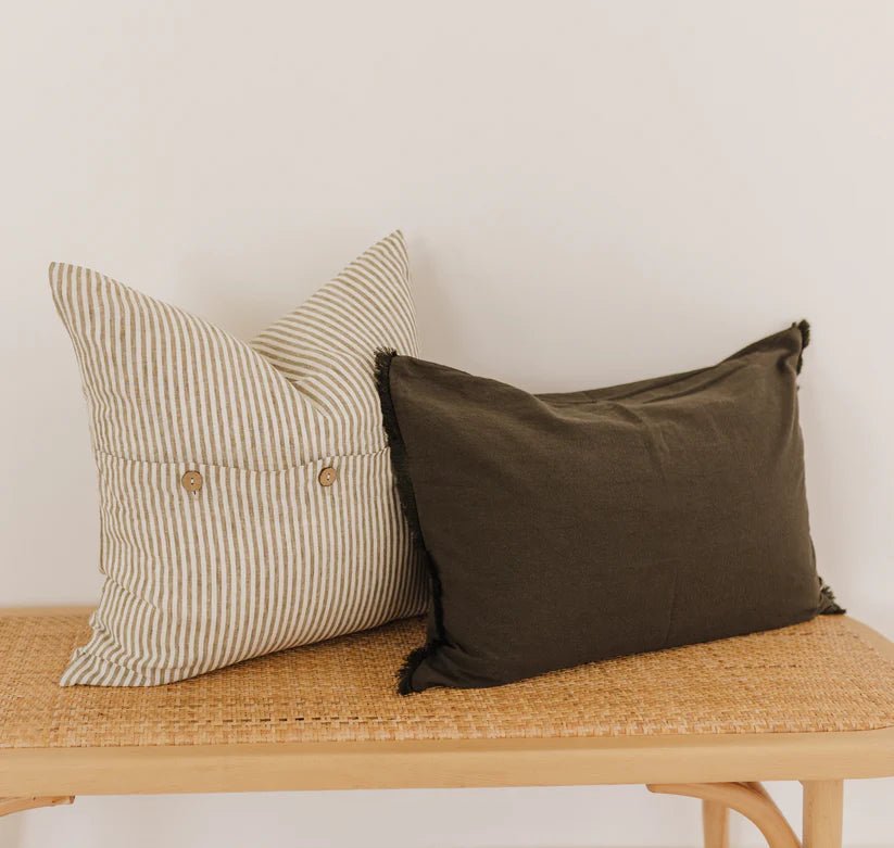 Pure French Linen Cushion Cover - Olive Pinstripe - Wattle&Clay