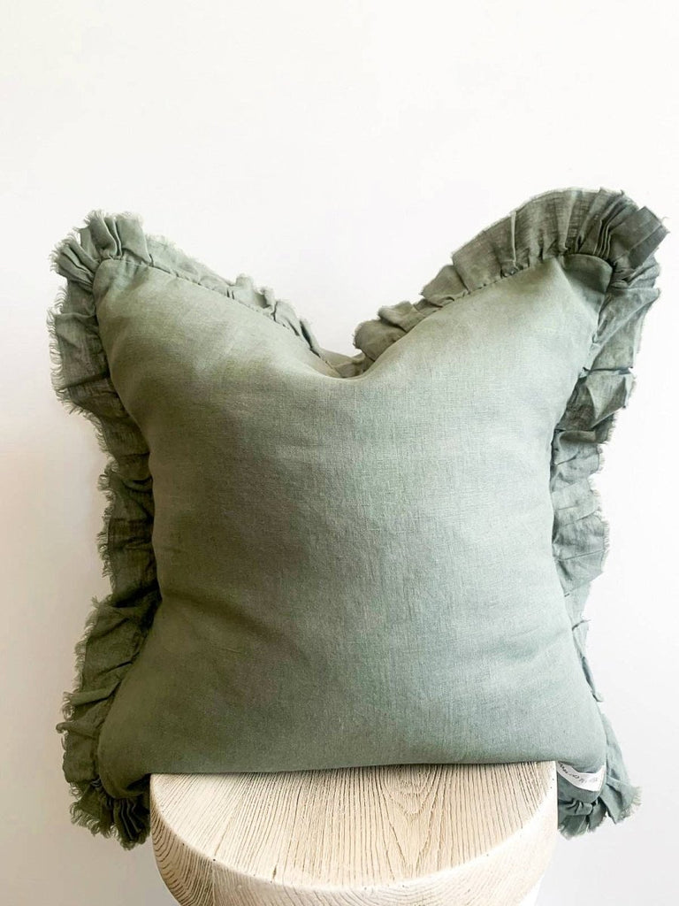 Pure French Linen Frayed Edge Ruffle Cushion Cover - Khaki - Wattle&Clay