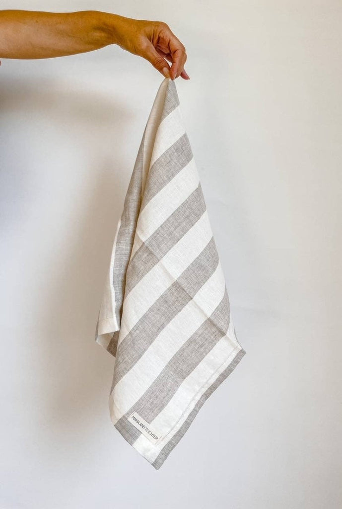 Pure French Linen Tea Towel - Natural Wide Stripe - Wattle&Clay