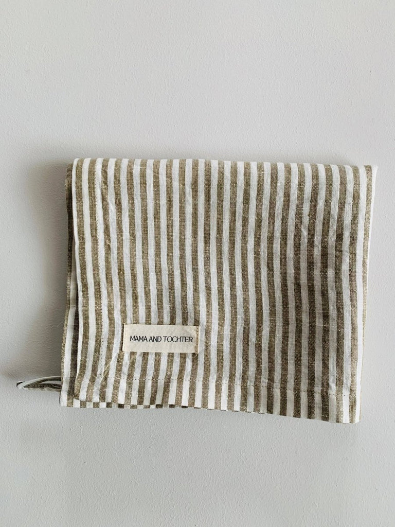 Pure French Linen Tea Towel - Olive Pinstripe - Wattle&Clay
