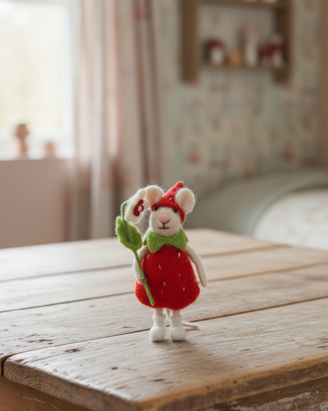 Felt mouse toy in a strawberry dress holding a green stem on a white background