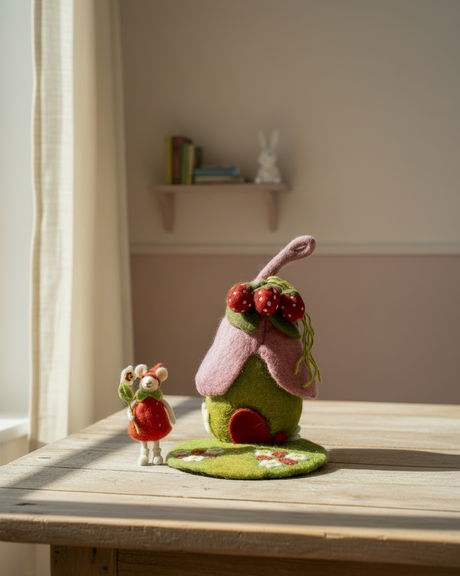 A handmade felt garden gnome house decoration in green and pink with red strawberry accents, displayed on a wooden table next to a small felt rabbit figure in a softly lit room.